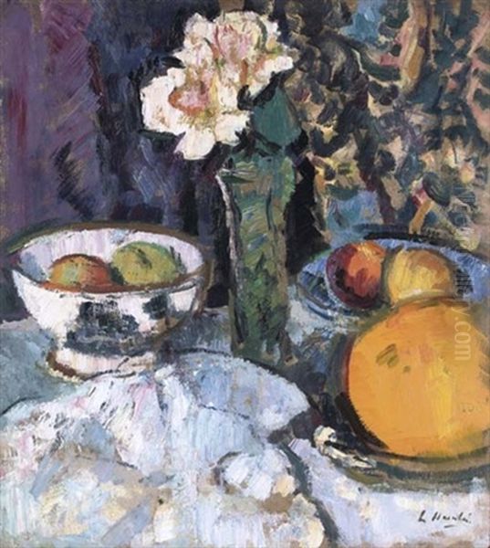 Still Life With Pink Roses And Fruit Oil Painting by George Leslie Hunter