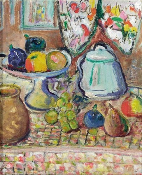 Still Life Of Fruit And Pots (+ Still Life Of Fruit, Verso) Oil Painting by George Leslie Hunter