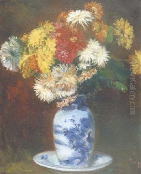 A Still Life With Chrysanthemums Oil Painting by George Leslie Hunter