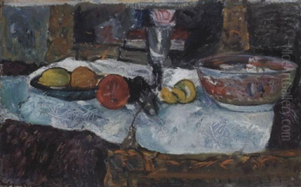 Still Life With Fruit And A Chinese Bowl On A Table Oil Painting by George Leslie Hunter