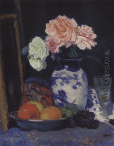 Still Life With Pink Roses In A Blue And White Vase Oil Painting by George Leslie Hunter