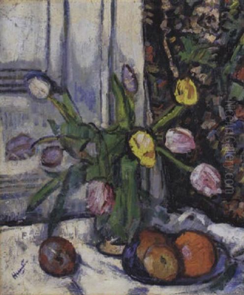 Still Life With Yellow, Pink And White Tulips In A Glass Vase Oil Painting by George Leslie Hunter