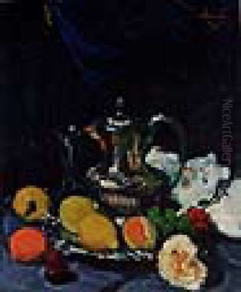 Still Life With Lemons, Grapes, Rose And Pewter Coffee Pot Oil Painting by George Leslie Hunter