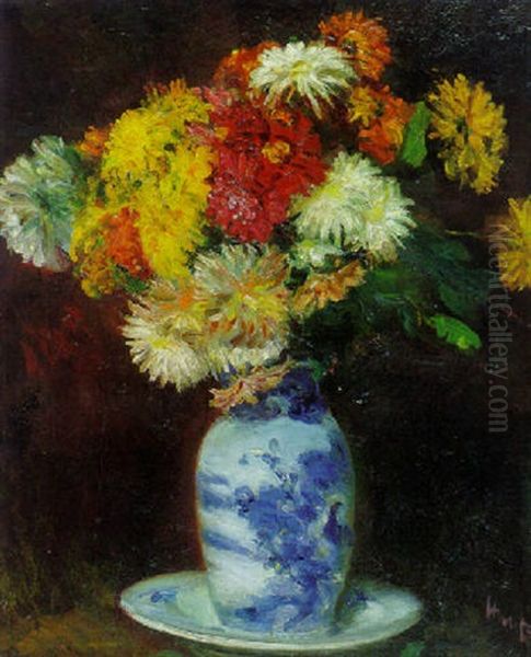 Still Life With Mixed Chrysanthemums In A Blue And White Vase Oil Painting by George Leslie Hunter