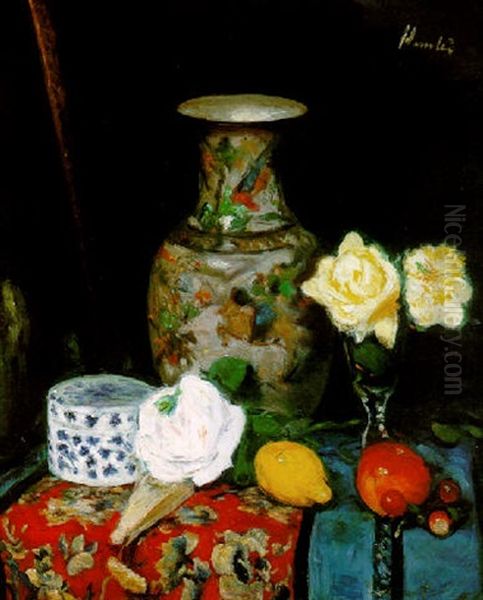 Still Life With An Oriental Vase And Roses Oil Painting by George Leslie Hunter