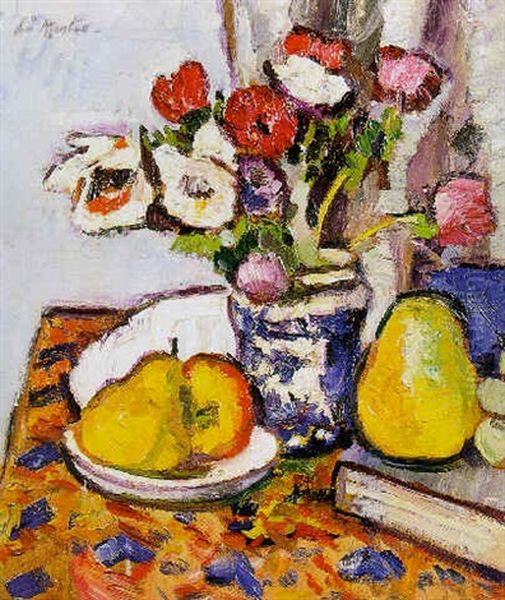 Anemones In A Blue And White Vase With Apples, Grapes And Pears On A Draped Table Oil Painting by George Leslie Hunter