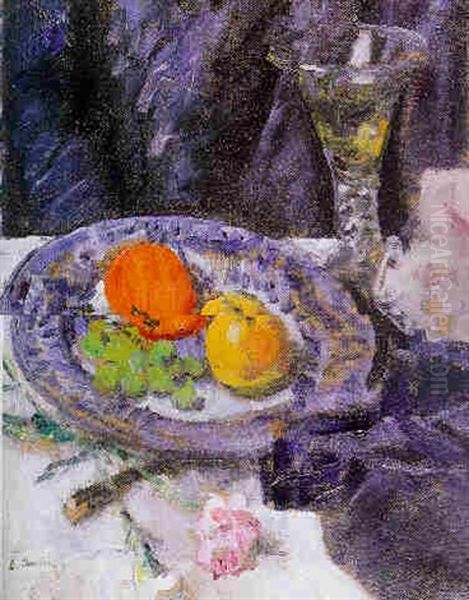 Fruit On A Blue And White Plate With A Trumpet-shaped Wine Glass And A Pink On A Draped Table Oil Painting by George Leslie Hunter