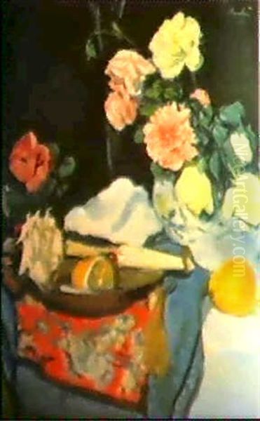 A Still Life Of Fruit And Flowers On A Draped Table Oil Painting by George Leslie Hunter