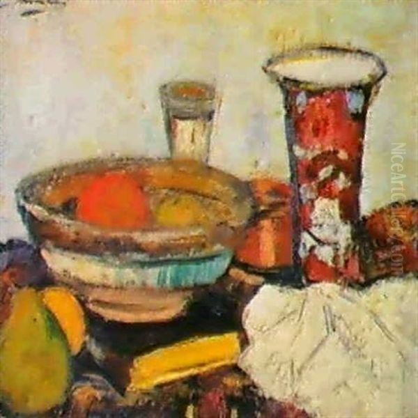 A Still Life Of Vases And A Bowl On A Table Top Oil Painting by George Leslie Hunter