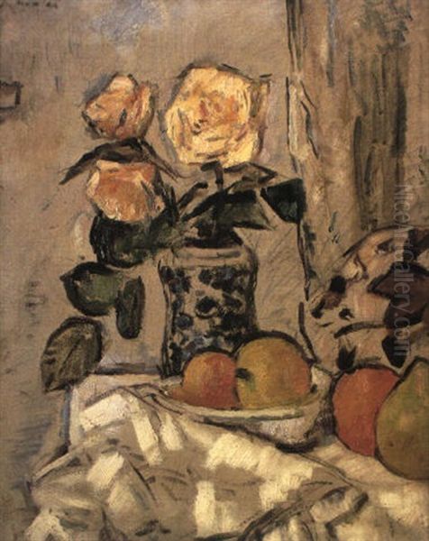 Yellow Roses In A Vase With Mixed Fruit On A Draped Table Oil Painting by George Leslie Hunter