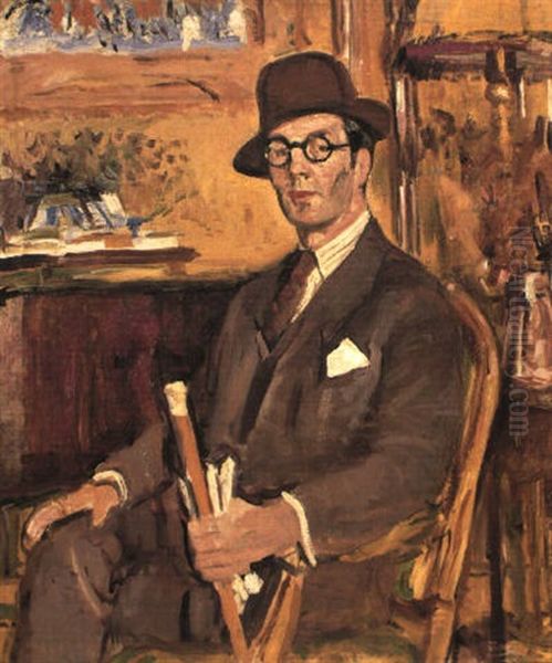 The Malacca Cane, A Portrait Of Duncan Macdonald, Esq., Seated Oil Painting by George Leslie Hunter