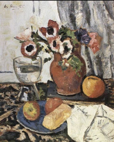 Anemones In A Red Pottery Vase With A Wine Glass And Apples On A Plate Oil Painting by George Leslie Hunter