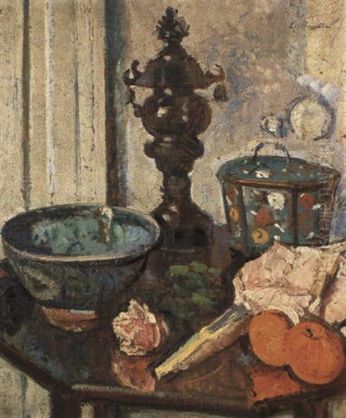 Oriental Bronze Vase And Cover, Tea Caddy, Fruit Bowl And Oranges On A Table Oil Painting by George Leslie Hunter