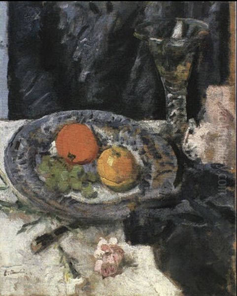 Mixed Fruit On A Plate With A Wine Glass And Carnation On A Table Oil Painting by George Leslie Hunter