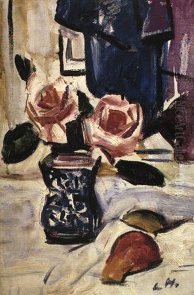 Pink Roses In A Chinese Vase Oil Painting by George Leslie Hunter