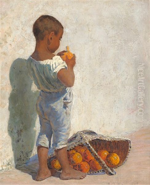 African Child Peeling An Orange By A Sun Drenched Wall Oil Painting by George Sherwood Hunter