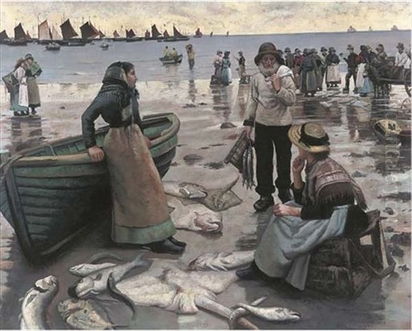 A Fish Sale On A Cornish Coast (after Stanhope Alexander Forbes) Oil Painting by George Sherwood Hunter