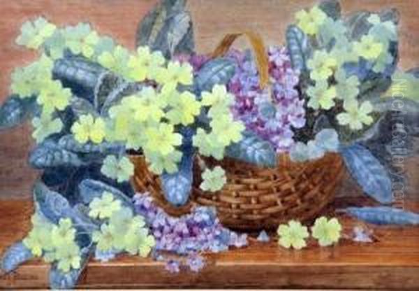 Still Life Study Of Flowers In A Basket Oil Painting by Edith Isabel Barrow