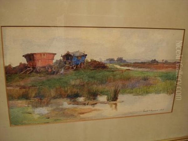 Caravans Beside A Pond Oil Painting by Edith Isabel Barrow