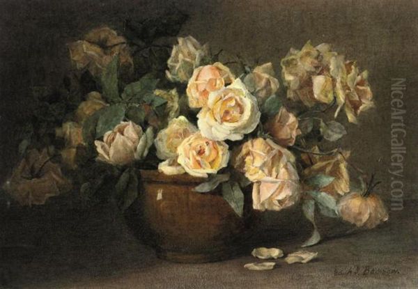 Still Life Of Yellow Roses In A Vase Oil Painting by Edith Isabel Barrow