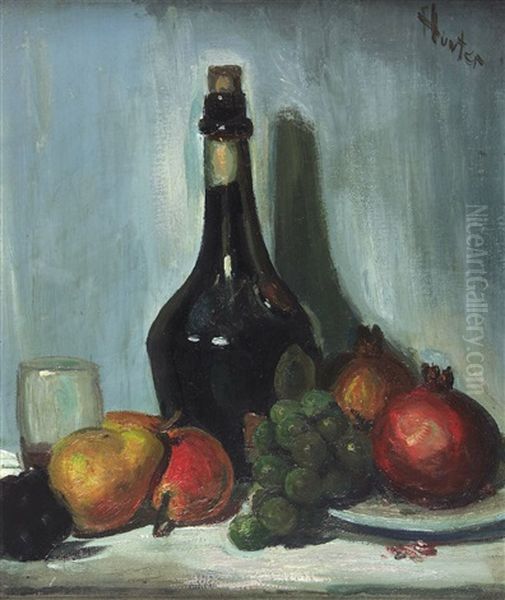 Still Life Of Fruit And Wine Bottle Oil Painting by Leslie Hunter