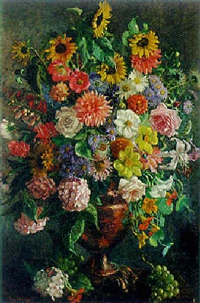 Still Life With Roses, Sunflowers And Chrysanthemums In A Lustre Vase Oil Painting by Mary Ethel Young Hunter