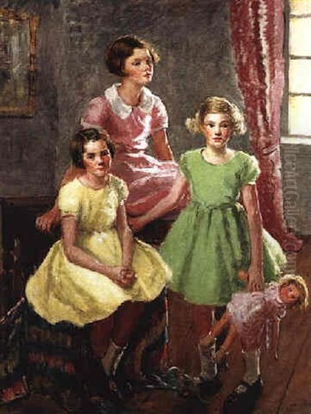 Portrait Group - Sisters Oil Painting by Mary Ethel Young Hunter