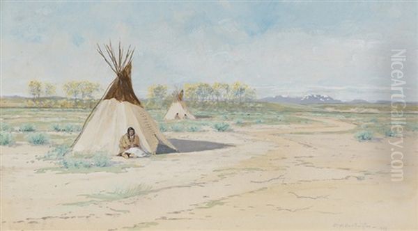 Sioux Indians, Montana, Figures Sitting Outside Teepees Oil Painting by Dwight W. Huntington