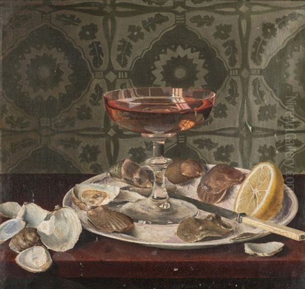 Stilleben Mit Weinschale, Muscheln Und Zitrone. Stilleben Mit Weinglas, Trauben Und Nussen. Gegenstucke Oil Painting by Werner Hunzinger