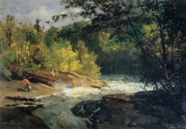 Hunter By A Cascading River Oil Painting by Charles Edouard Masson Huot