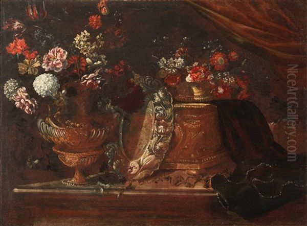 A Bronze Urn Filled With Flowers Alongside A Silver Dish Oil Painting by Jacques Hupin