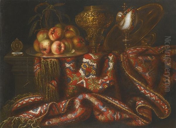 Still Life With Peaches, A Nautilus Cup And A Pocket Watch With A Persian Rug Oil Painting by Jacques Hupin