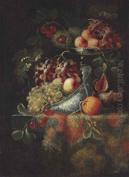 Chestnuts, Cherries, Peaches, And Grapes In A Silver Tazza And Porcelain Bowl On A Partially Draped Table With An Orange And Figs Oil Painting by Jacques Hupin