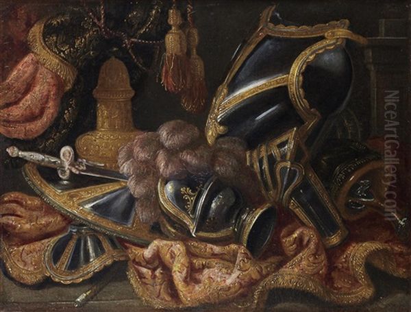 A Plumed Helmet With A Shield And A Cuirass On A Draped Table Before A Curtain Oil Painting by Jacques Hupin