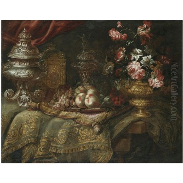 An Elaborate Still Life With Peaches, Grapes, Flowers In A Bronze Urn, A Fine Silver Tureen, All Arranged On A Table Draped With An Embroidered Carpet And Cushion by Jacques Hupin