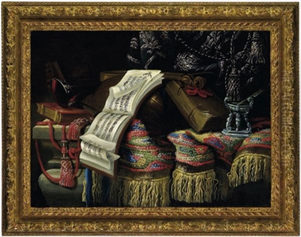 Stillleben Mit Einem Teppich, Musikinstrumenten, Buchern Und Einem Tintenfass Oil Painting by Jacques Hupin