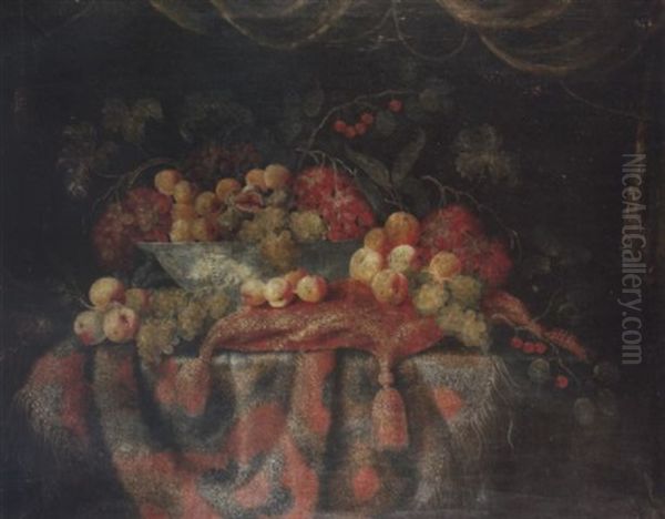 A Wan-li Kraak Dish With Grapes, Peaches And Figs On A Draped Tale With A Cushion And Other Fruit Oil Painting by Jacques Hupin