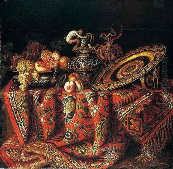 A Still Life Of Peaches, Grapes And Pomegranates In A Pewter Bowl, An Ornate Ormolu Plate And Ewers, All Resting On A Table Draped With A Carpet Oil Painting by Jacques Hupin