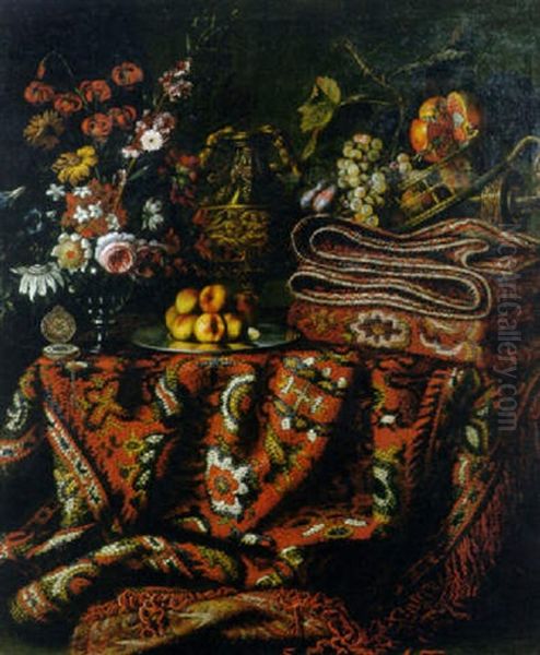 Roses, Lemon Blossom And Other Flowers In A Glass Vase, A Gold Pocket Watch, Peaches On A Pewter Plate Oil Painting by Jacques Hupin