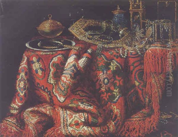 Still Life Of A Gilt Mirror, Jewellery Box, A Tower Clock, A Hardstone Cup And Other Objects Upon A Table Draped With A Carpet Oil Painting by Jacques Hupin