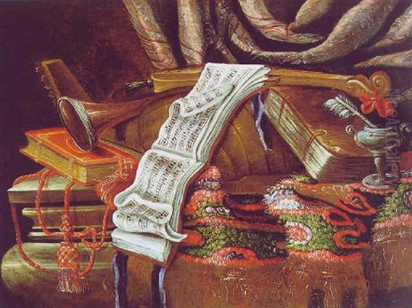 Stilleben Mit Buchern, Noten Und Musikinstrumenten Auf Einem Orientteppich Oil Painting by Jacques Hupin