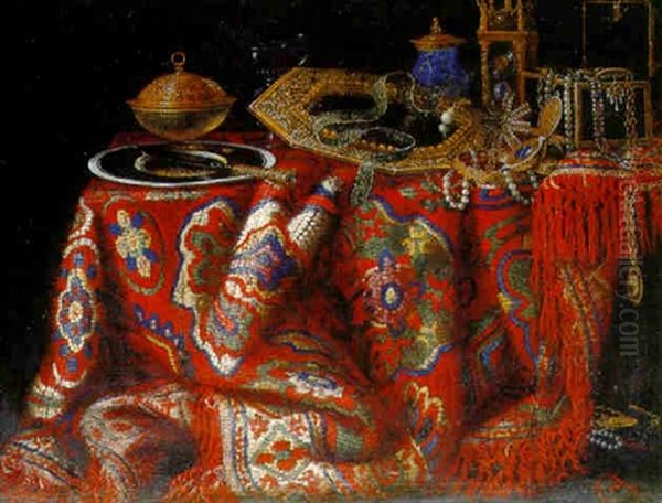 A Silver-gilt-covered Bowl And A Knife On A Plate, An Open Jewelry Box On A Table Draped With A Carpet Oil Painting by Jacques Hupin