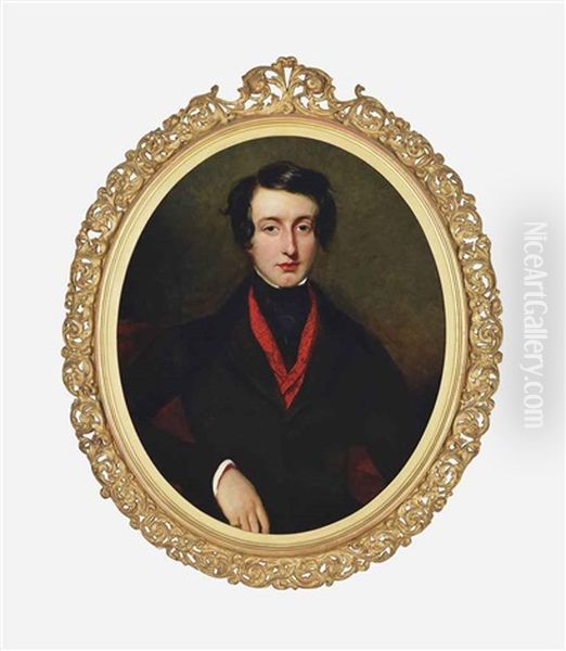 Portrait Of Edward Conroy, In A Black Coat And Red Scarf Oil Painting by Frederick Yeates Hurlstone