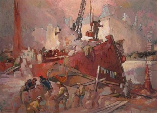 Dock Workers Oil Painting by Hal (Henry William Lowe) Hurst