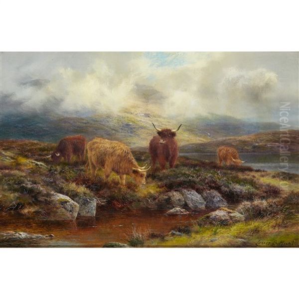 Moorland And Wandering Mists With Cattle Oil Painting by Louis Bosworth Hurt