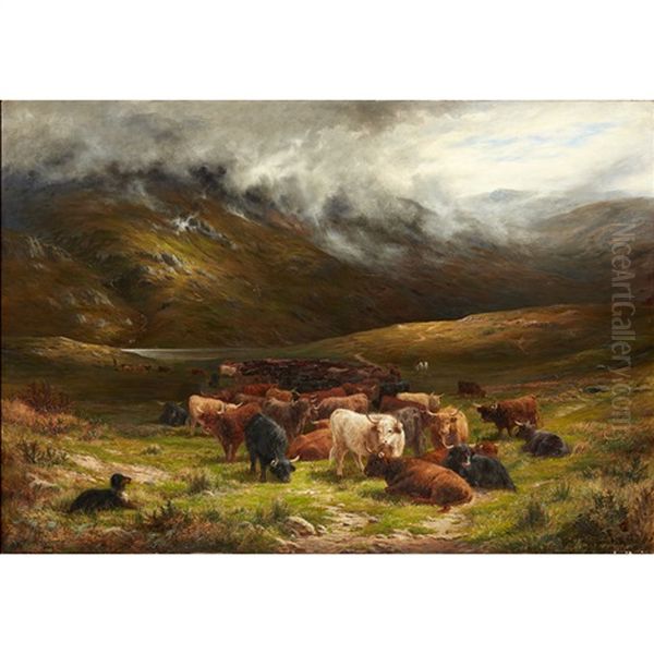 Highland Cattle In A Mountain Glen Oil Painting by Louis Bosworth Hurt