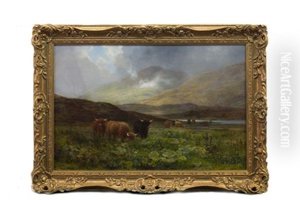 Highland Cattle In A Scottish Landscape Oil Painting by Louis Bosworth Hurt