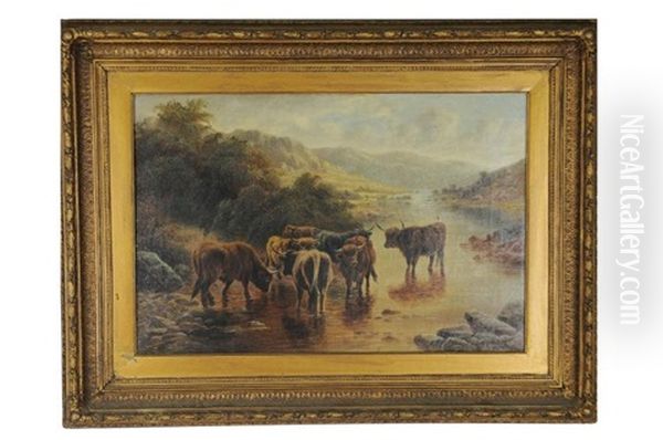 Louis B. Hurt Oil Of Highland Cattle Oil Painting by Louis Bosworth Hurt