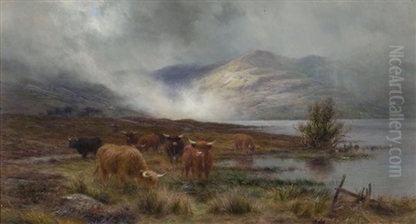 Highland Cattle Watering In Mist Oil Painting by Louis Bosworth Hurt