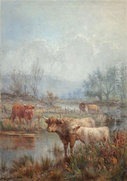 A Misty Morning, Scotch Cattle Oil Painting by Louis Bosworth Hurt